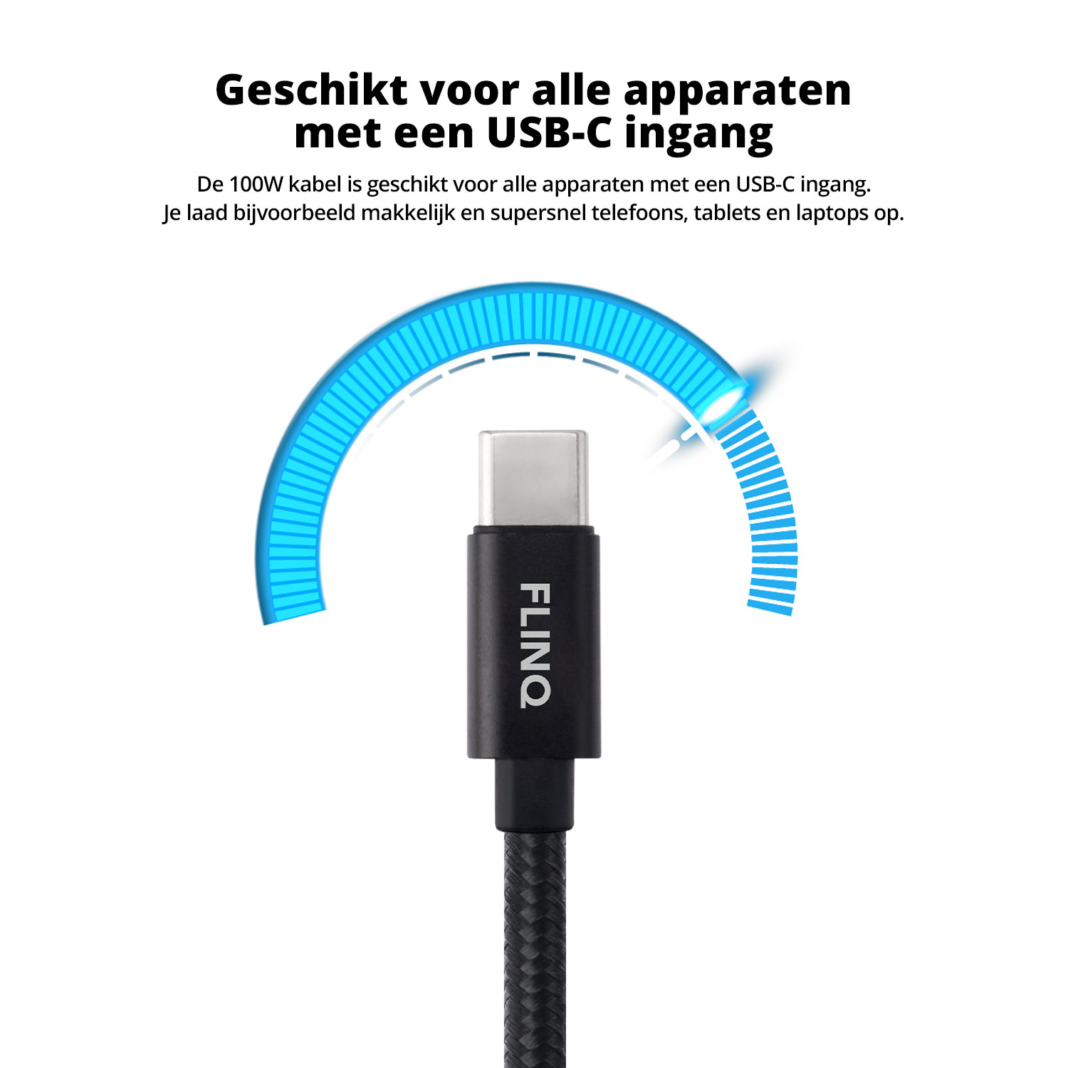 A USB-C cable connected to a device, with an illuminated arc and Dutch text.