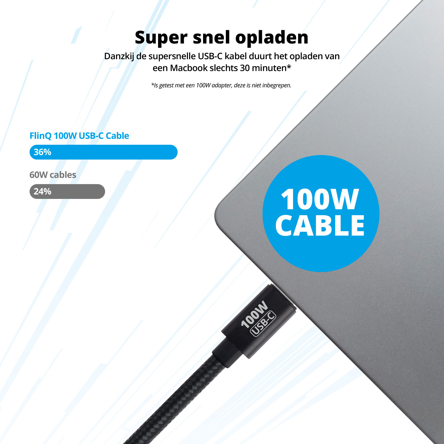 A laptop with a connected USB-C cable and text in Dutch indicating charging speed.
