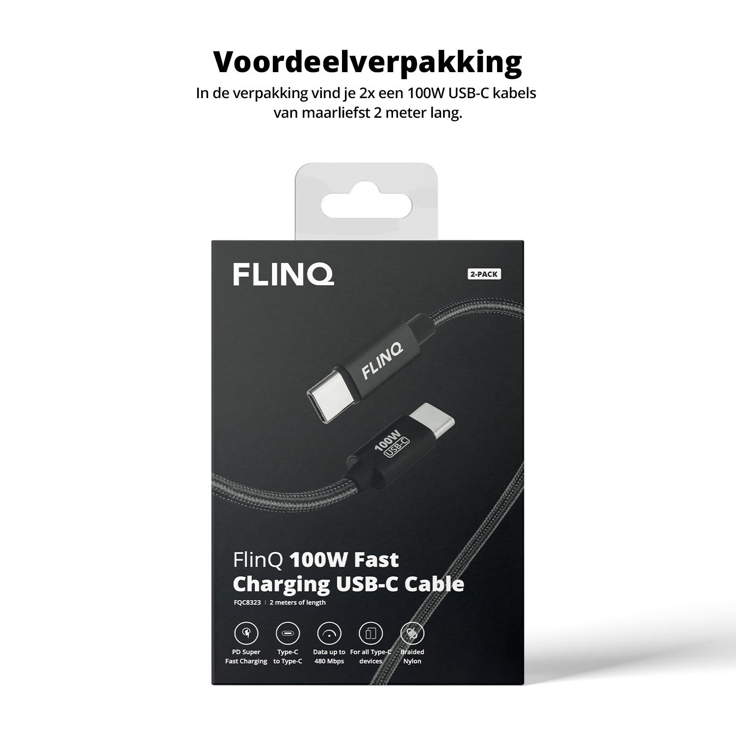 A product package with two USB-C cables and text in Dutch.