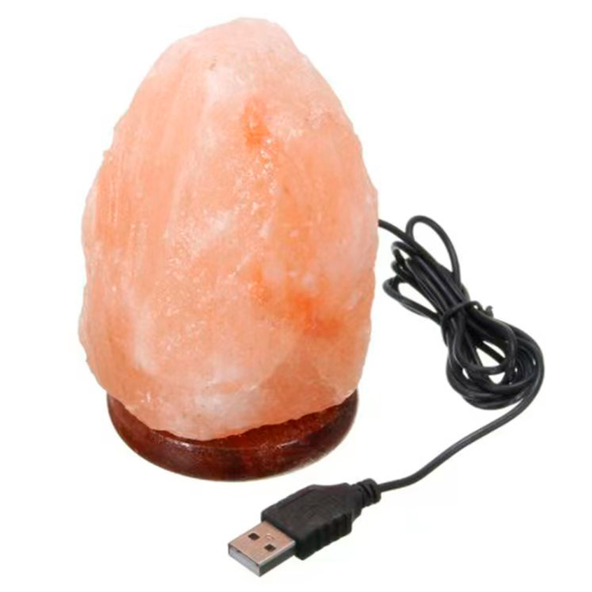 Una lámpara de sal rosa claro con cable USB y base.