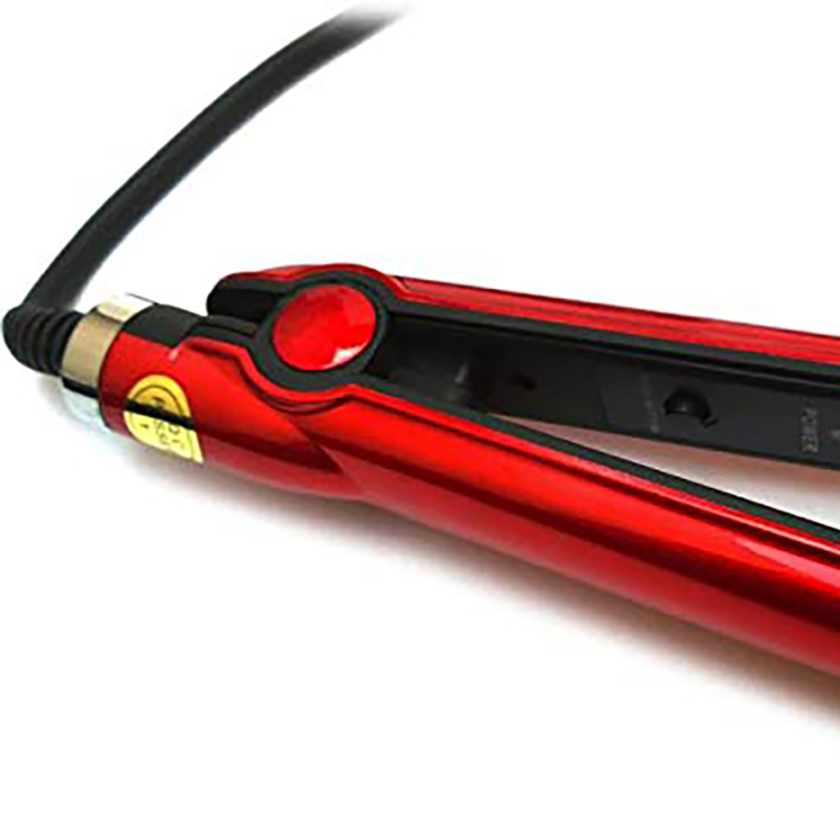Primer plano de una plancha de pelo roja y negra. El dispositivo es rojo con detalles negros y un cable negro.