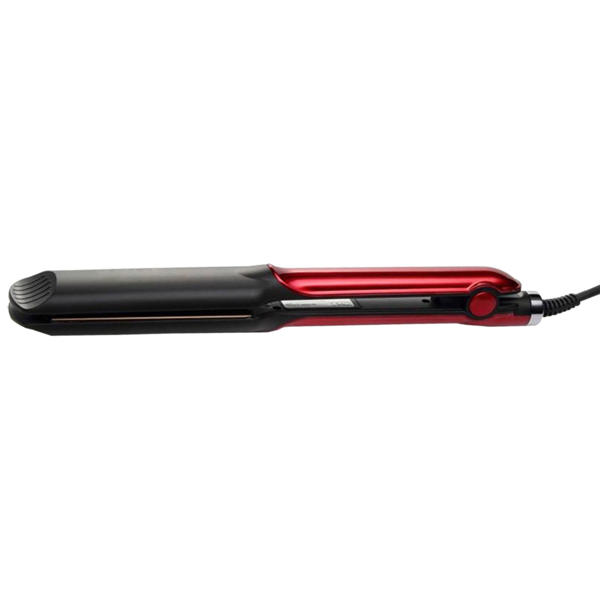 Plancha de pelo con diseño negro y rojo, aislada sobre blanco.