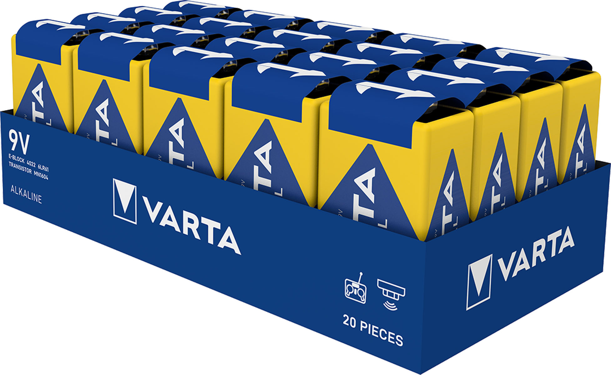 Un vassoio di batterie Varta da 9V. Le batterie sono gialle e blu, e il vassoio è blu.