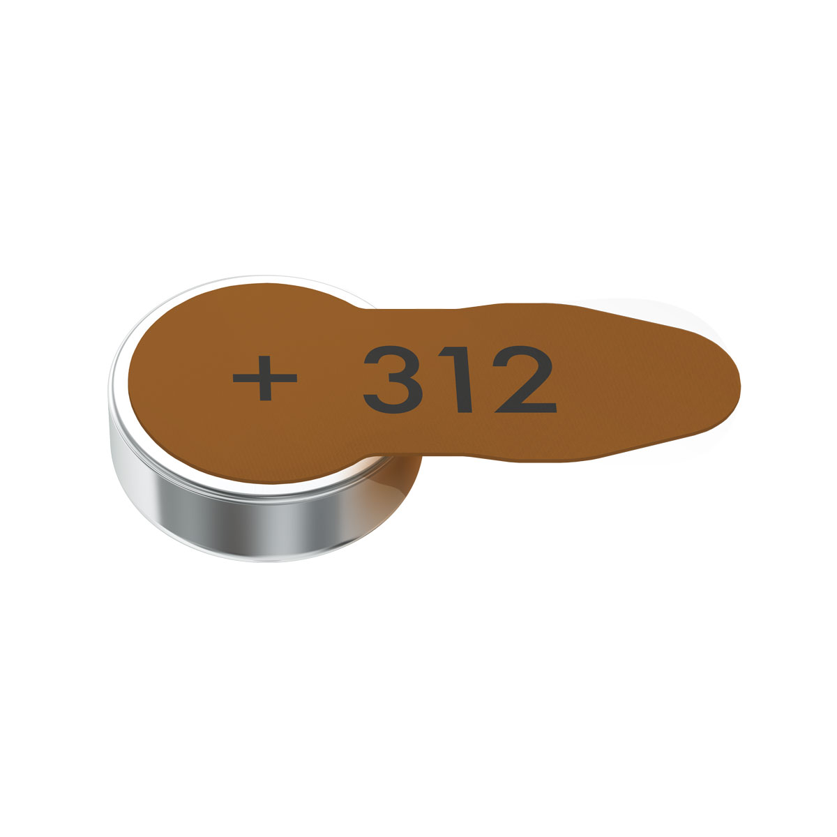 Brązowa i srebrna bateria z numerem 312. Bateria ma symbol znaku plus.