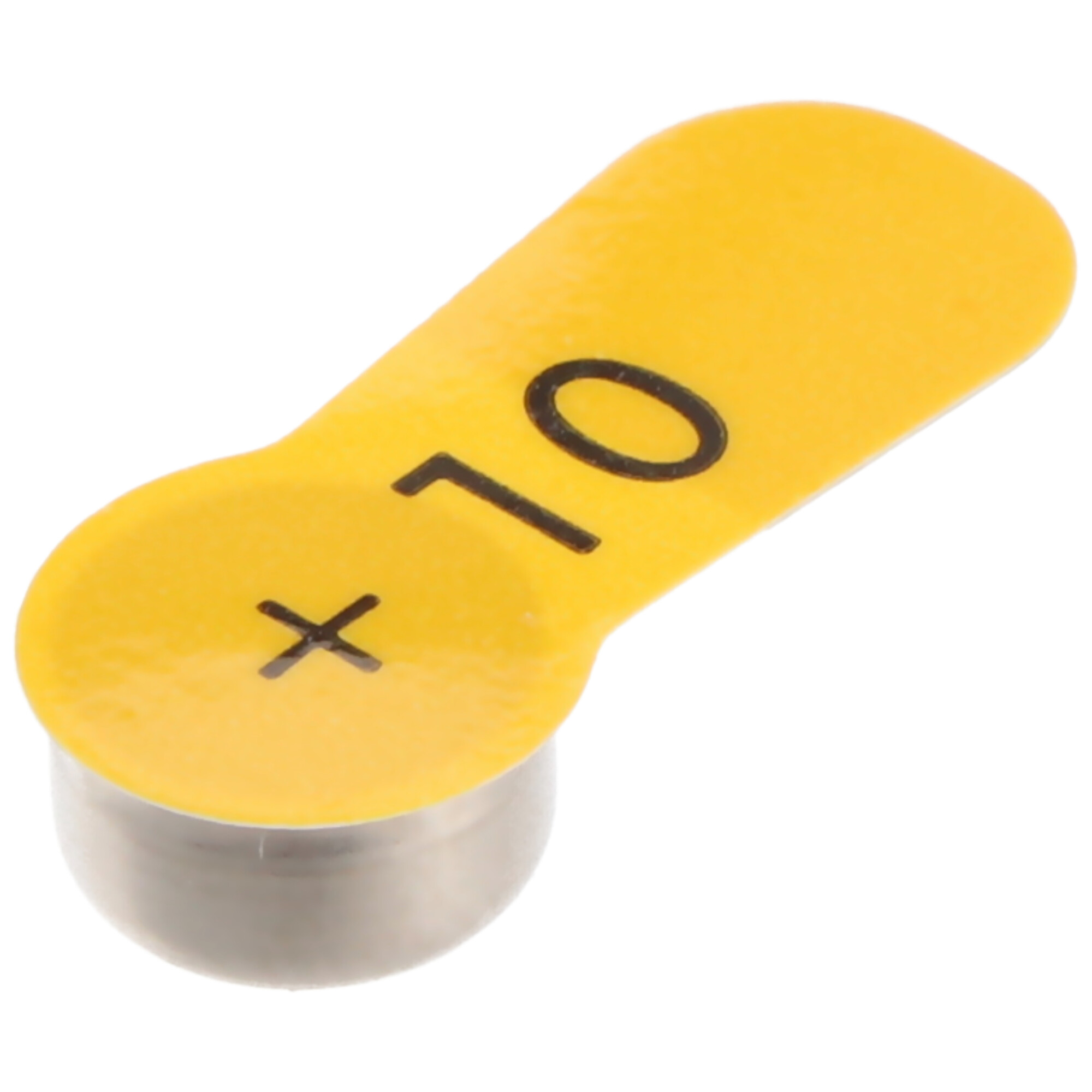 Żółta bateria. Ma numer 10 i znak plus.