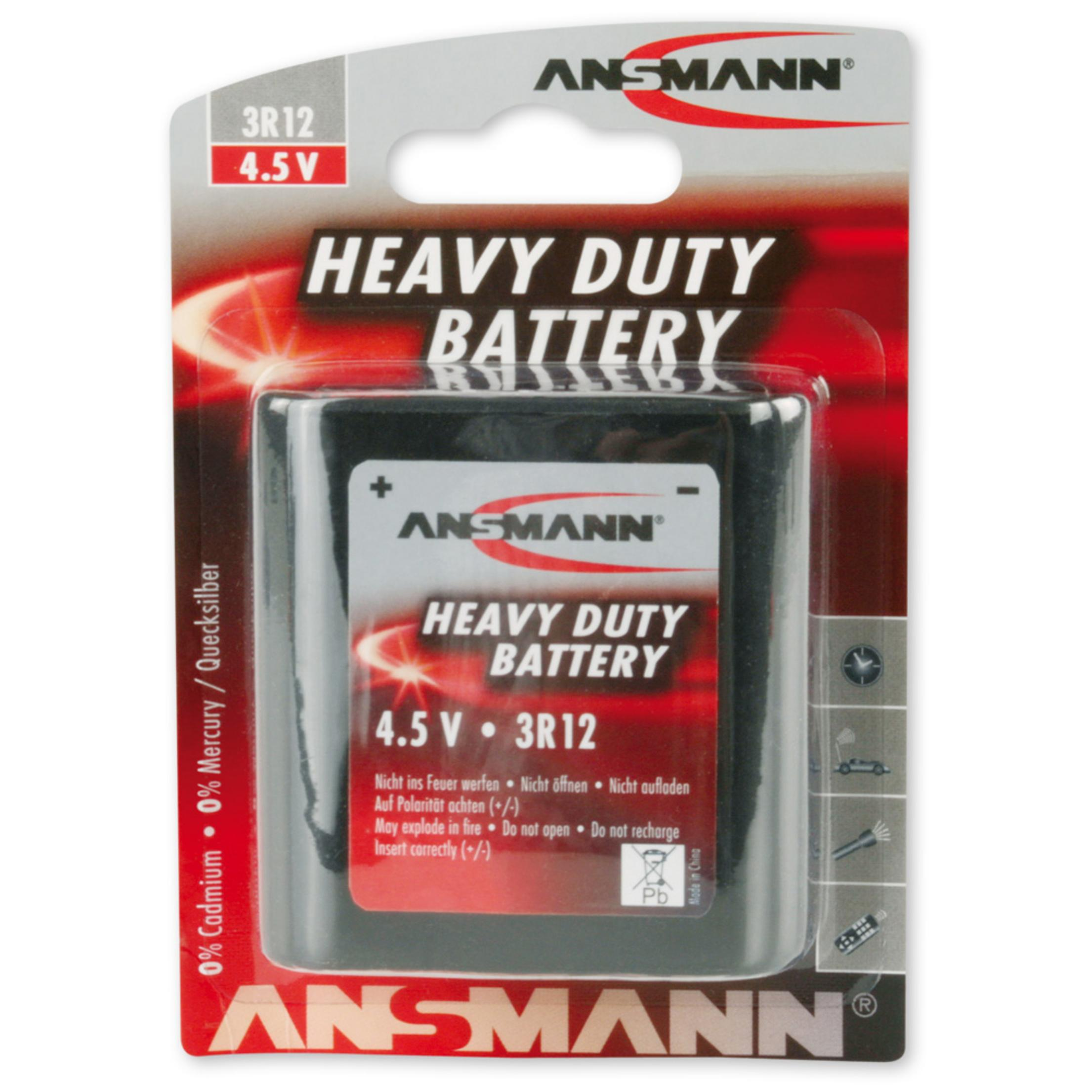 Een heavy-duty 4,5V batterij in een rode en zwarte verpakking, met veiligheidswaarschuwingen en het ANSMANN-logo.