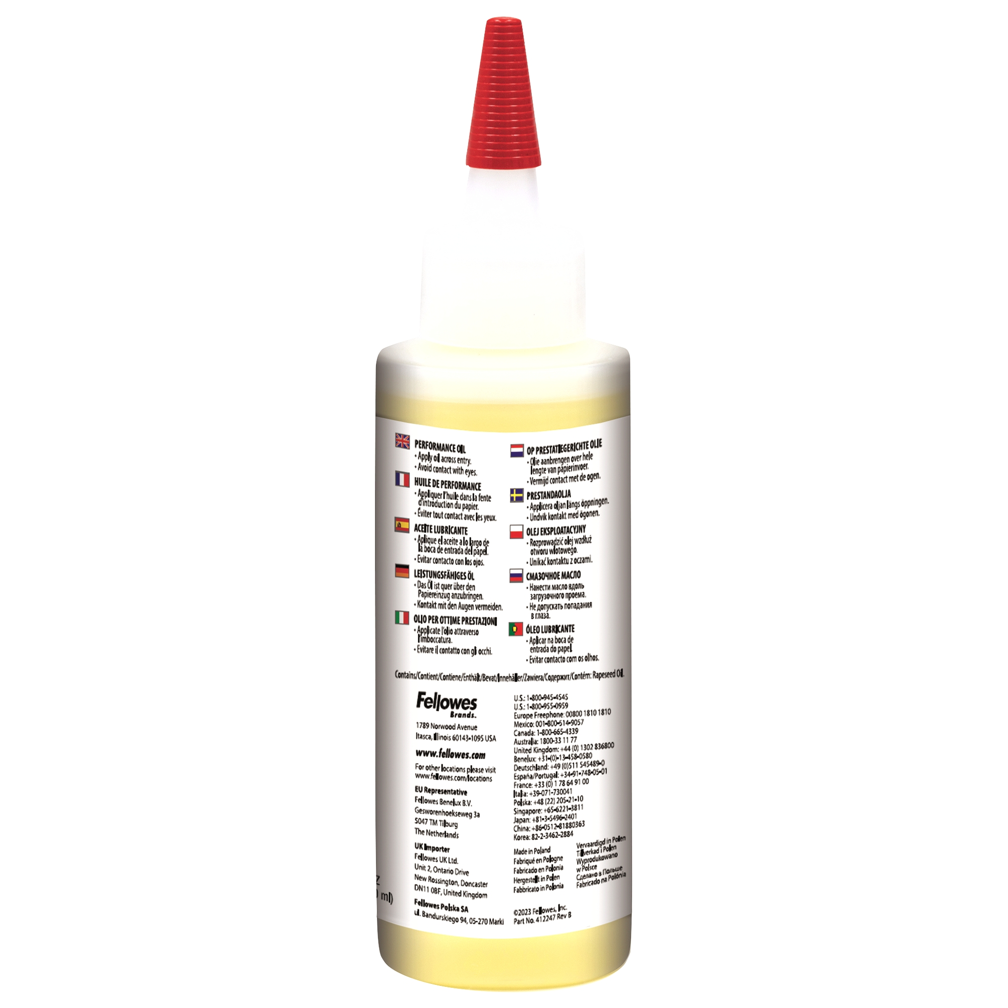 Flasche Fellowes Performance Oil. Roter Deckel, klare Flasche, gelbe Flüssigkeit. Text in mehreren Sprachen.