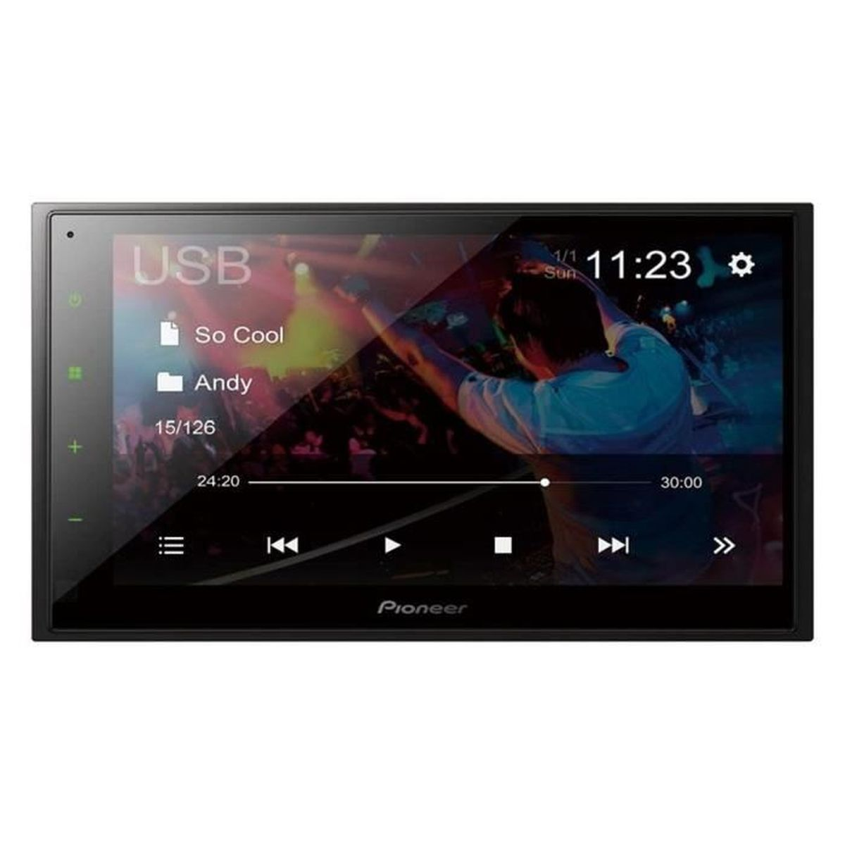 Ein Autoradio-Bildschirm mit Video, Zeit, Musiksteuerung und USB-Details, mit dem Pioneer-Logo.