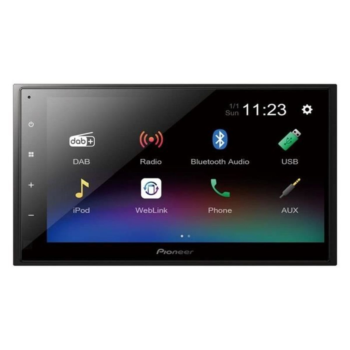 Autoradio-Bildschirm mit verschiedenen Funktionssymbolen: DAB, Radio, Bluetooth, USB, iPod, WebLink, Telefon, AUX.