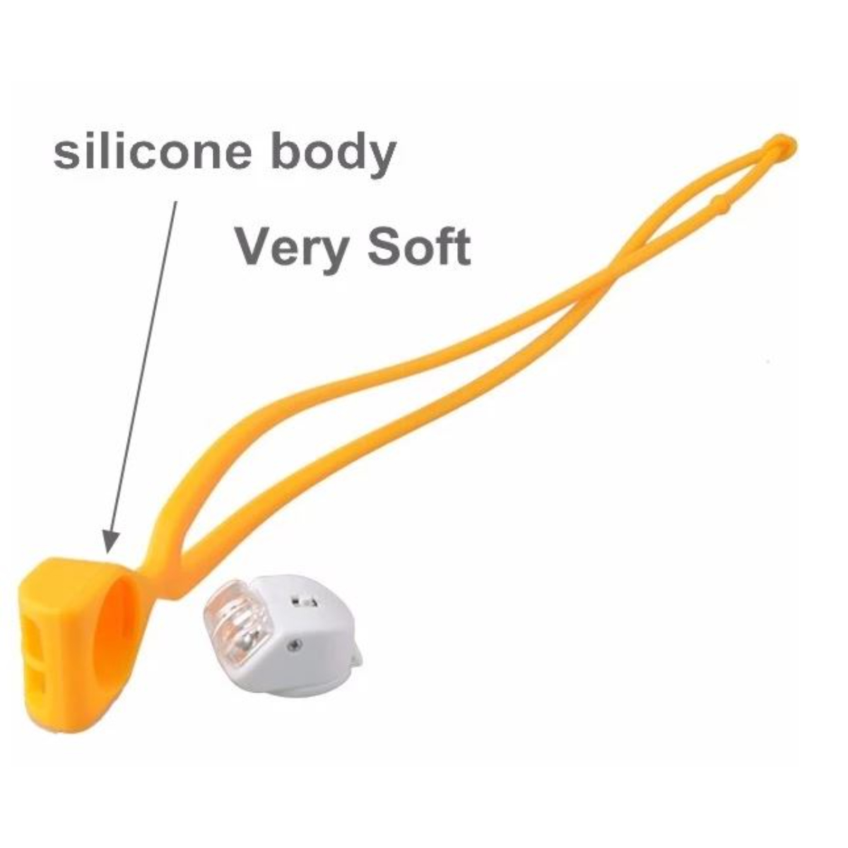 Una correa de silicona naranja con una luz adjunta, etiquetada 'cuerpo de silicona' y 'Muy suave'.
