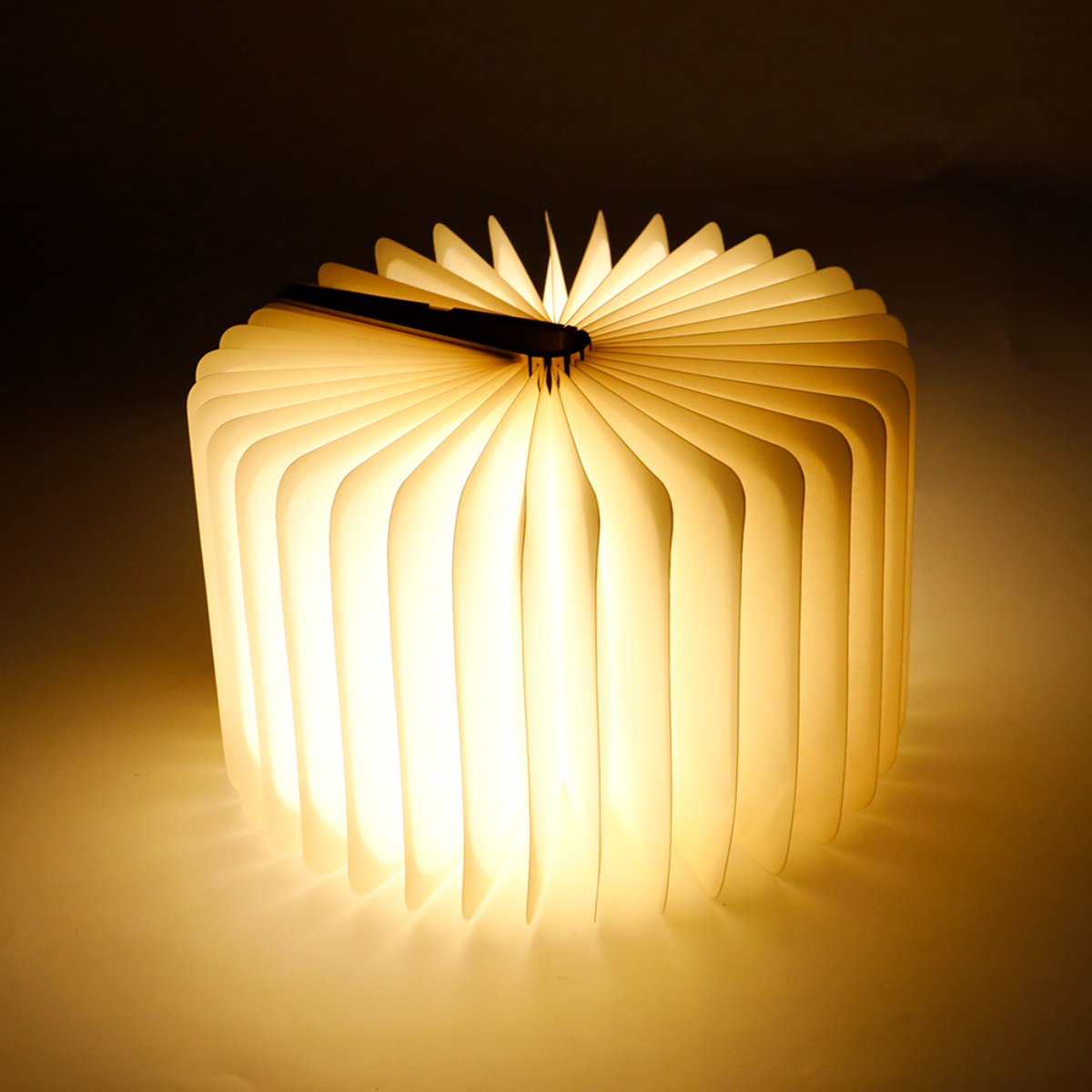 Lámpara con forma de libro, abierta e iluminada, emitiendo un brillo cálido. Las páginas son visibles.