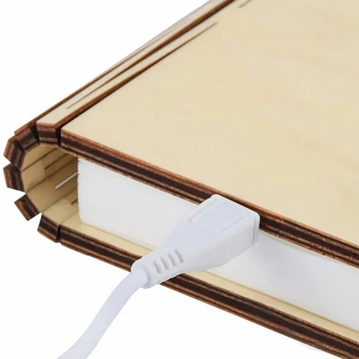 Primer plano de una lámpara de madera con forma de libro con cable USB blanco insertado.
