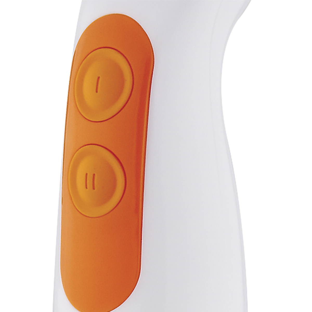 Primer plano de los botones de una batidora de mano blanca y naranja.