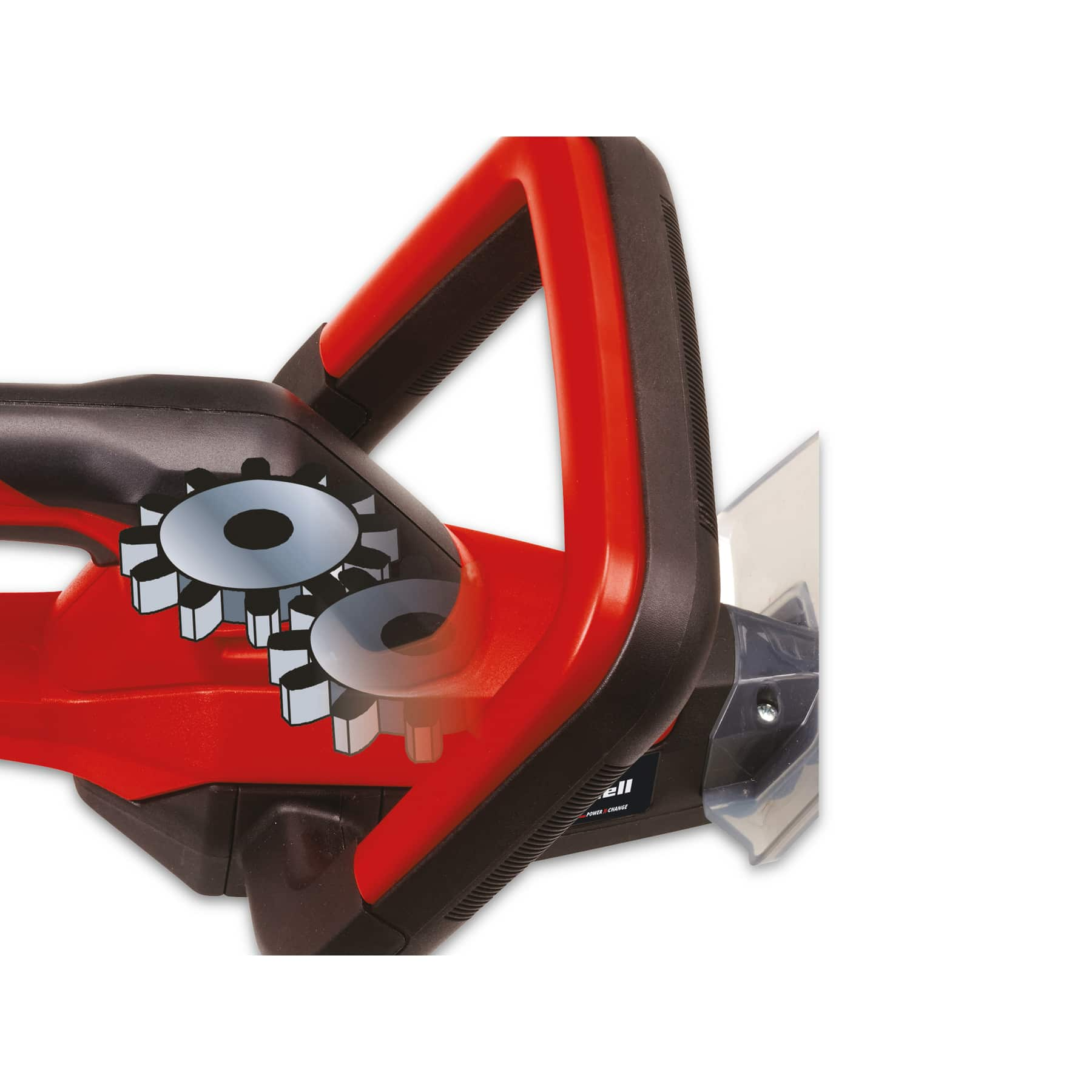 Czerwono-czarne nożyce do żywopłotu z ilustracją przekładni.