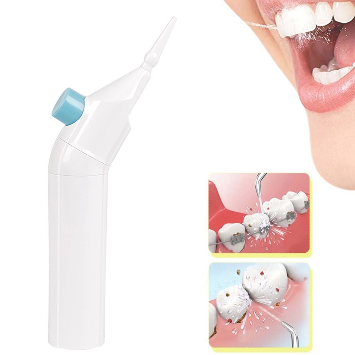 Irrigador oral limpiando dientes, con diagramas de primer plano del proceso de limpieza.