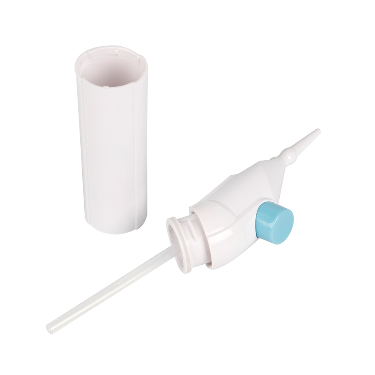 Partes de irrigador oral blanco: cilindro y cabezal con botón azul claro.