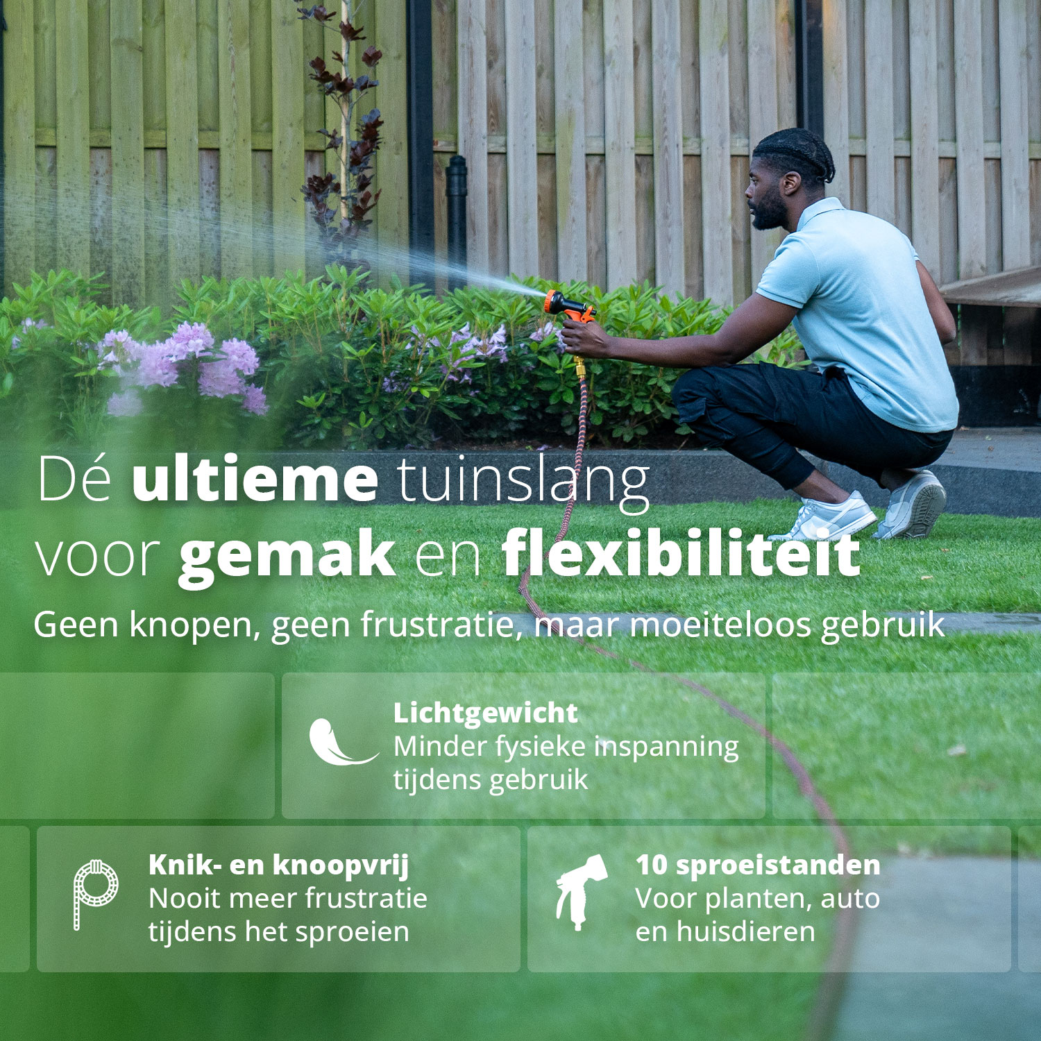 Ein Mann benutzt einen Gartenschlauch und sprüht Wasser. Text ist überlagert und bewirbt die Eigenschaften des Schlauchs.