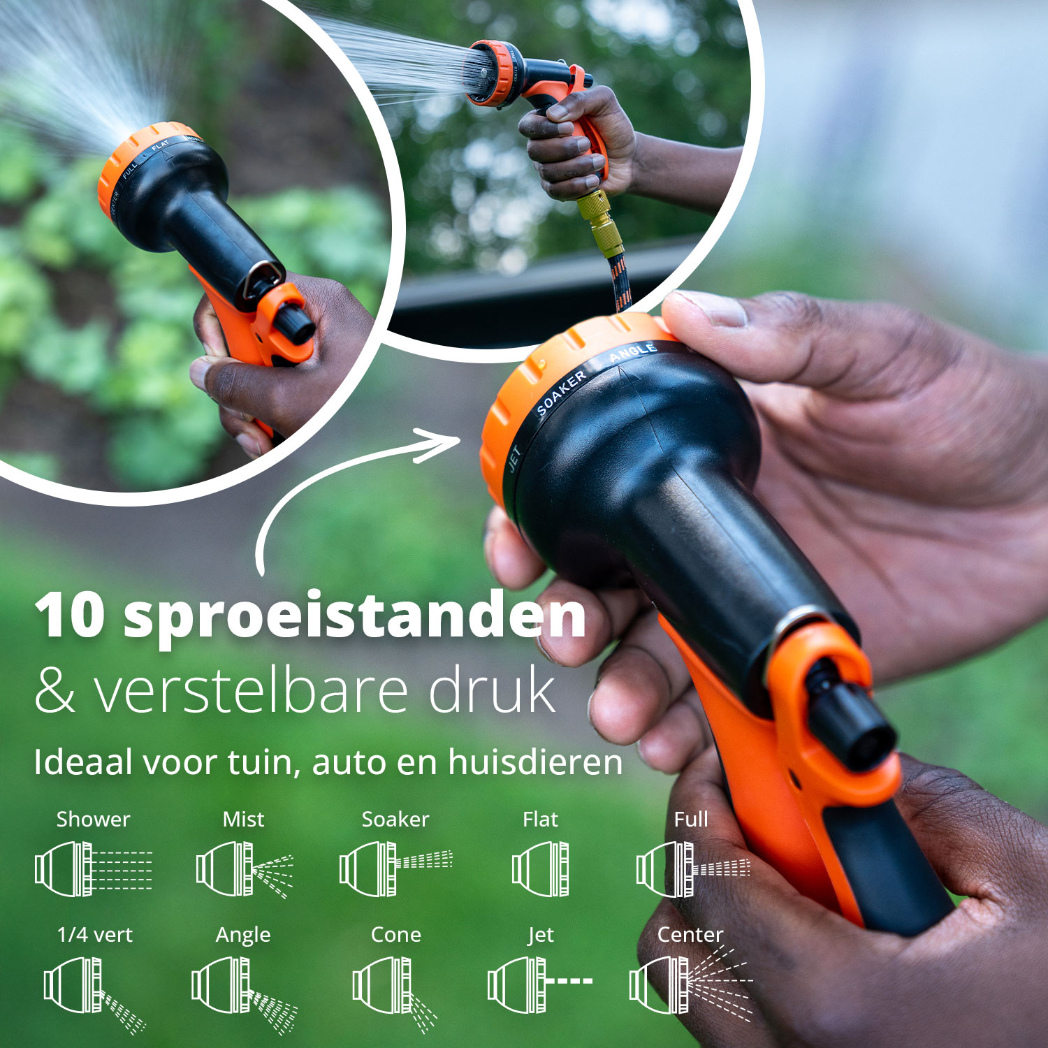 Nahaufnahme von Händen, die eine orangefarbene und schwarze Sprühdüse halten, mit sprühendem Wasser.