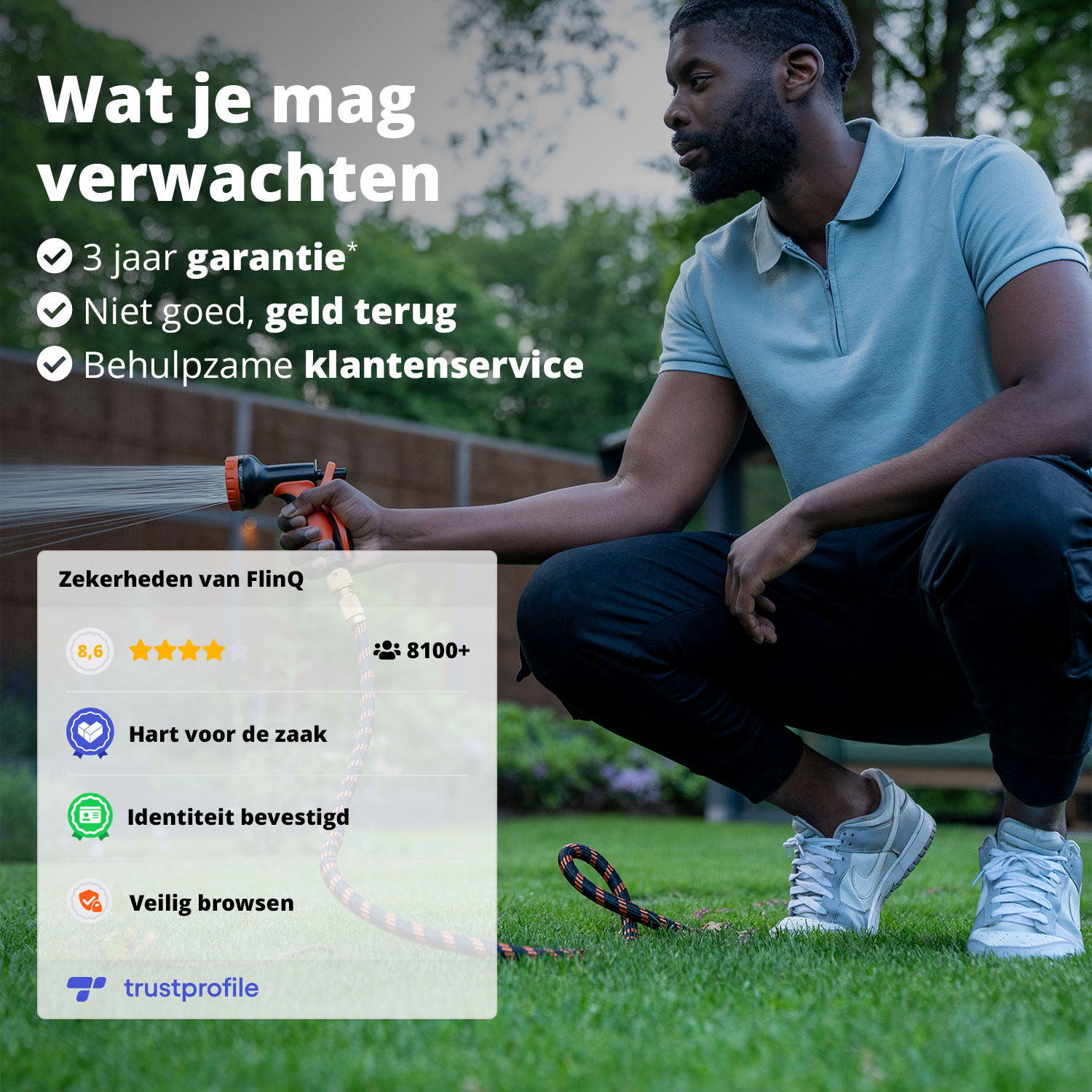 Man spraying water with a hose in a garden, with text about warranty, money-back, and customer service.