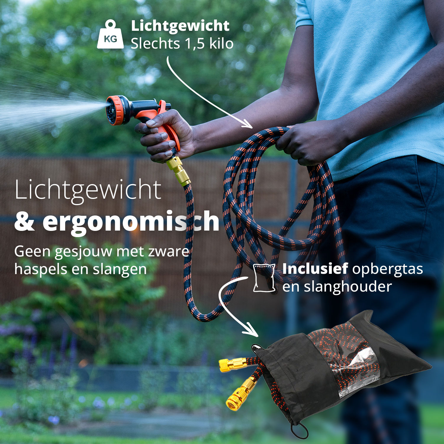 Ein Mann hält einen Schlauch, mit Text und Grafiken zu seinen Eigenschaften und Vorteilen.