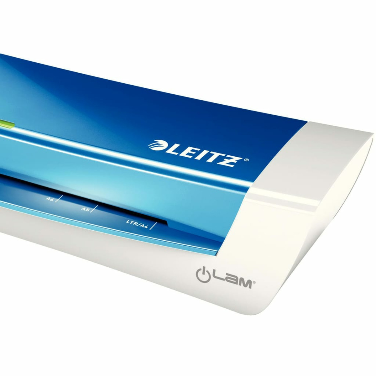 Nahaufnahme eines blau-weißen Leitz Home Office A4 Laminators mit beschrifteten Abmessungen.