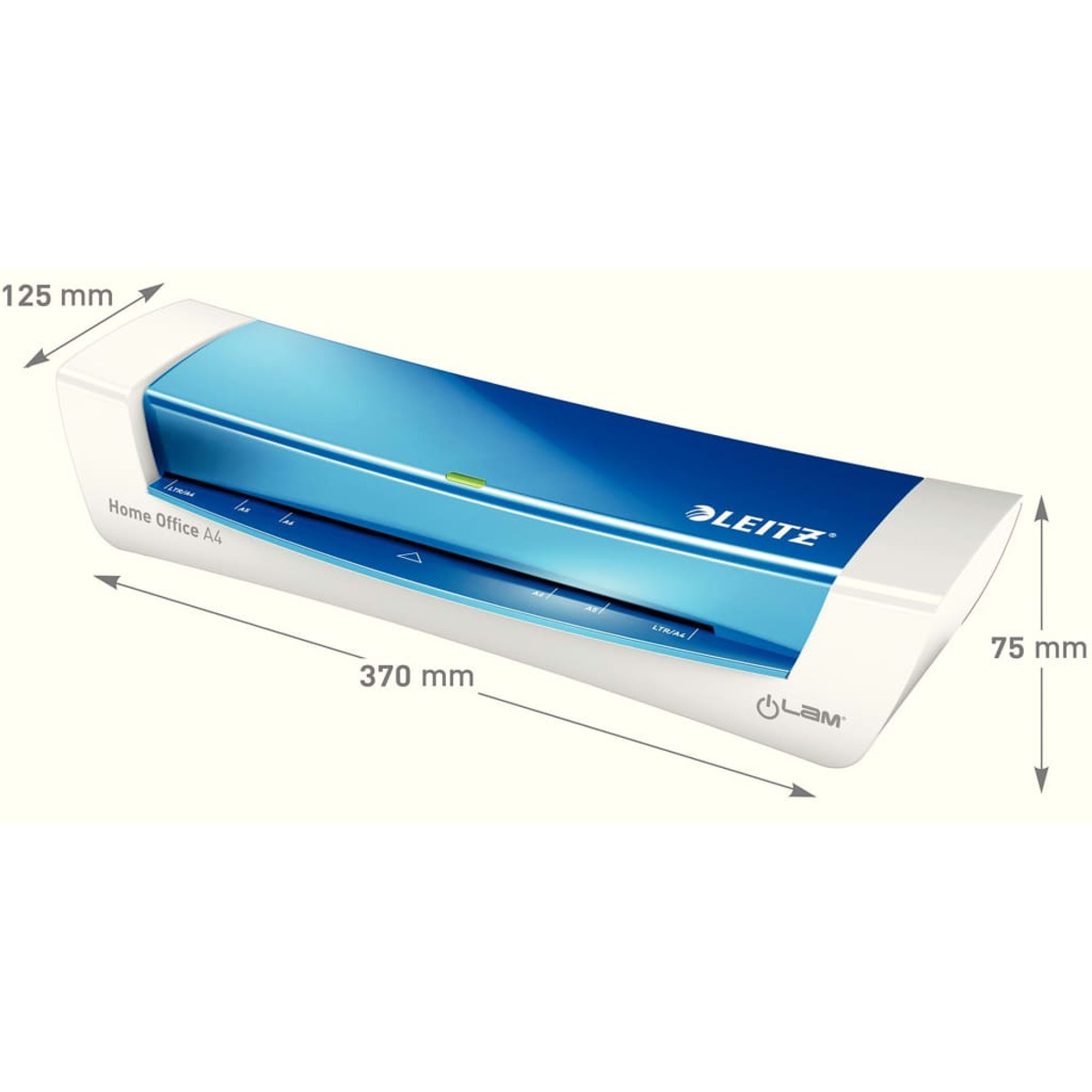 Nahaufnahme eines blau-weißen Leitz A4 Laminators, mit dem Leitz Lam Logo.