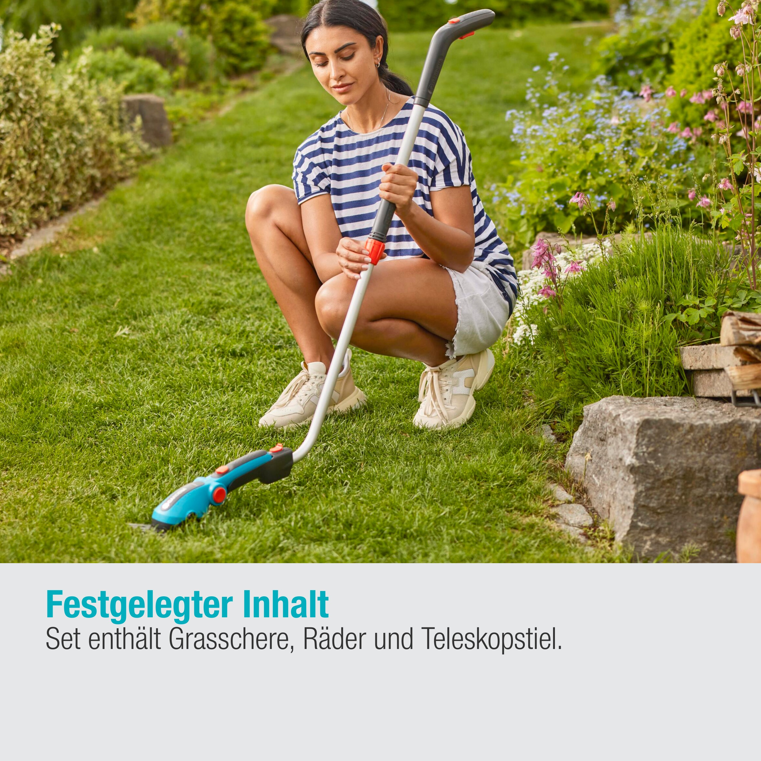 Kobieta używająca niebiesko-zielonych i pomarańczowych nożyc do trawy GARDENA z wysięgnikiem.