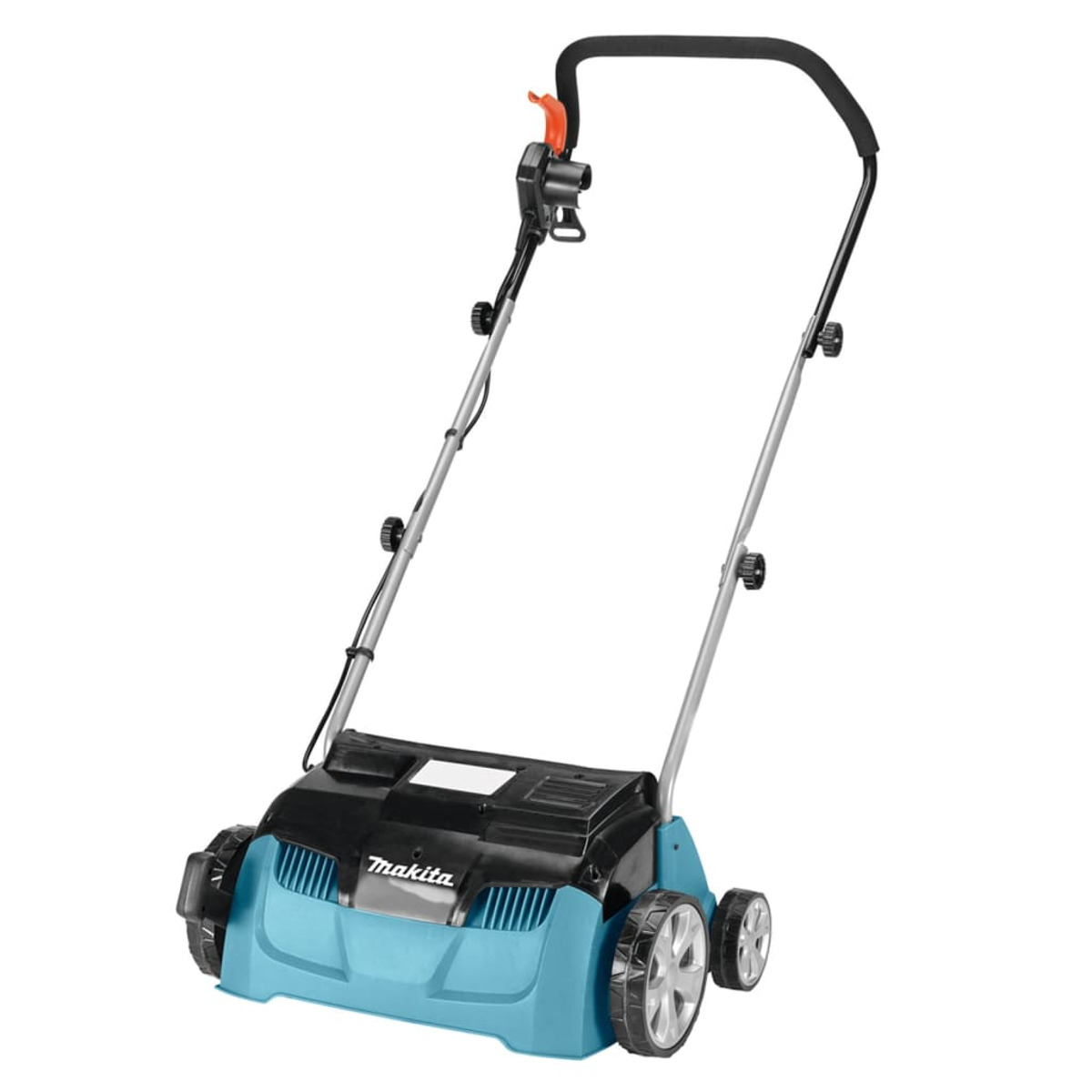Un arieggiatore per prato Makita blu e nero con manico e ruote su sfondo bianco.