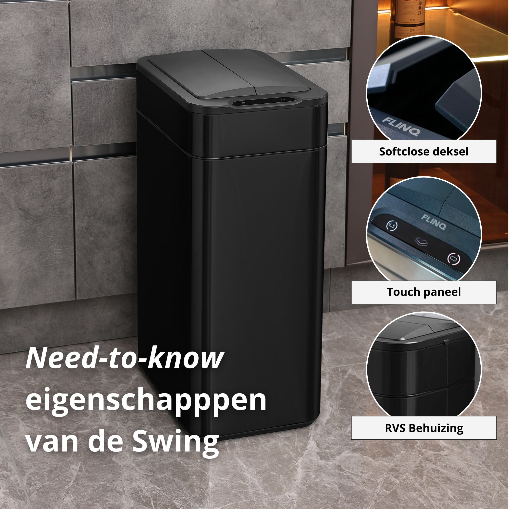 Black trash can with a touch panel and soft close lid.