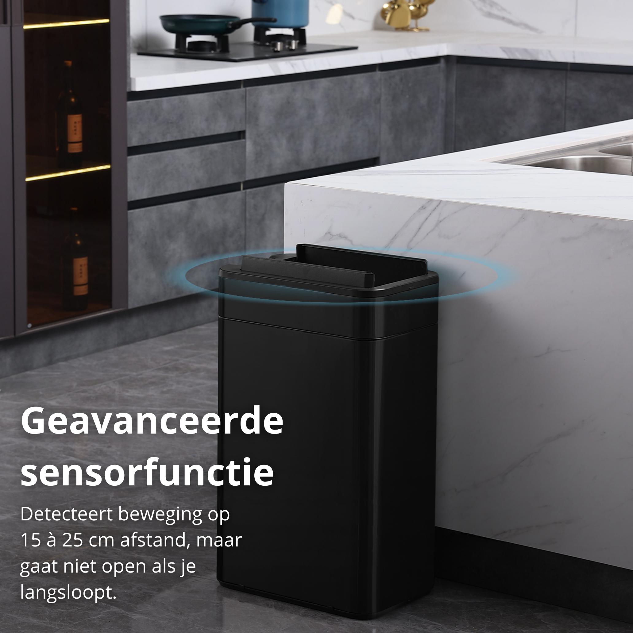 Black trash can in a kitchen. A blue circle indicates the sensor function. Kitchen background.