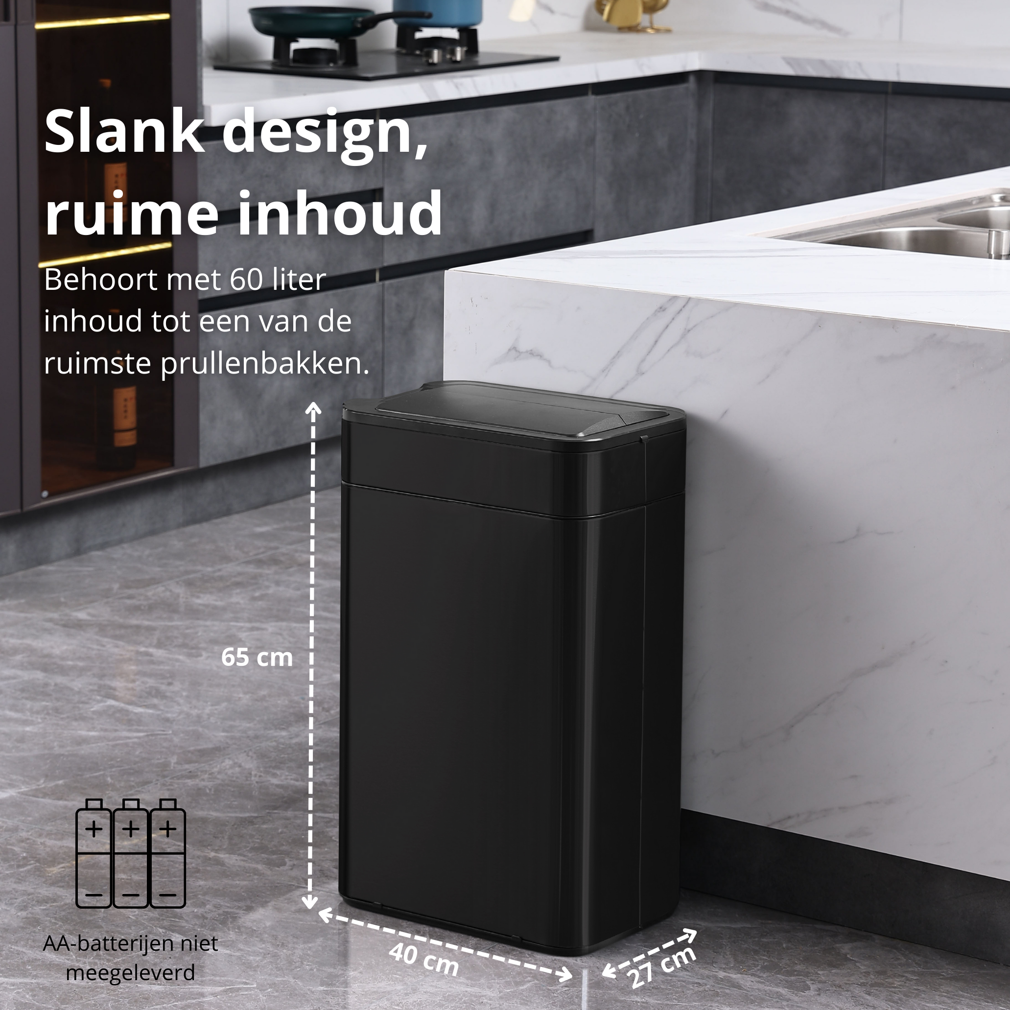 Black trash can in a kitchen. Text labels dimensions. Background is a modern kitchen setting.