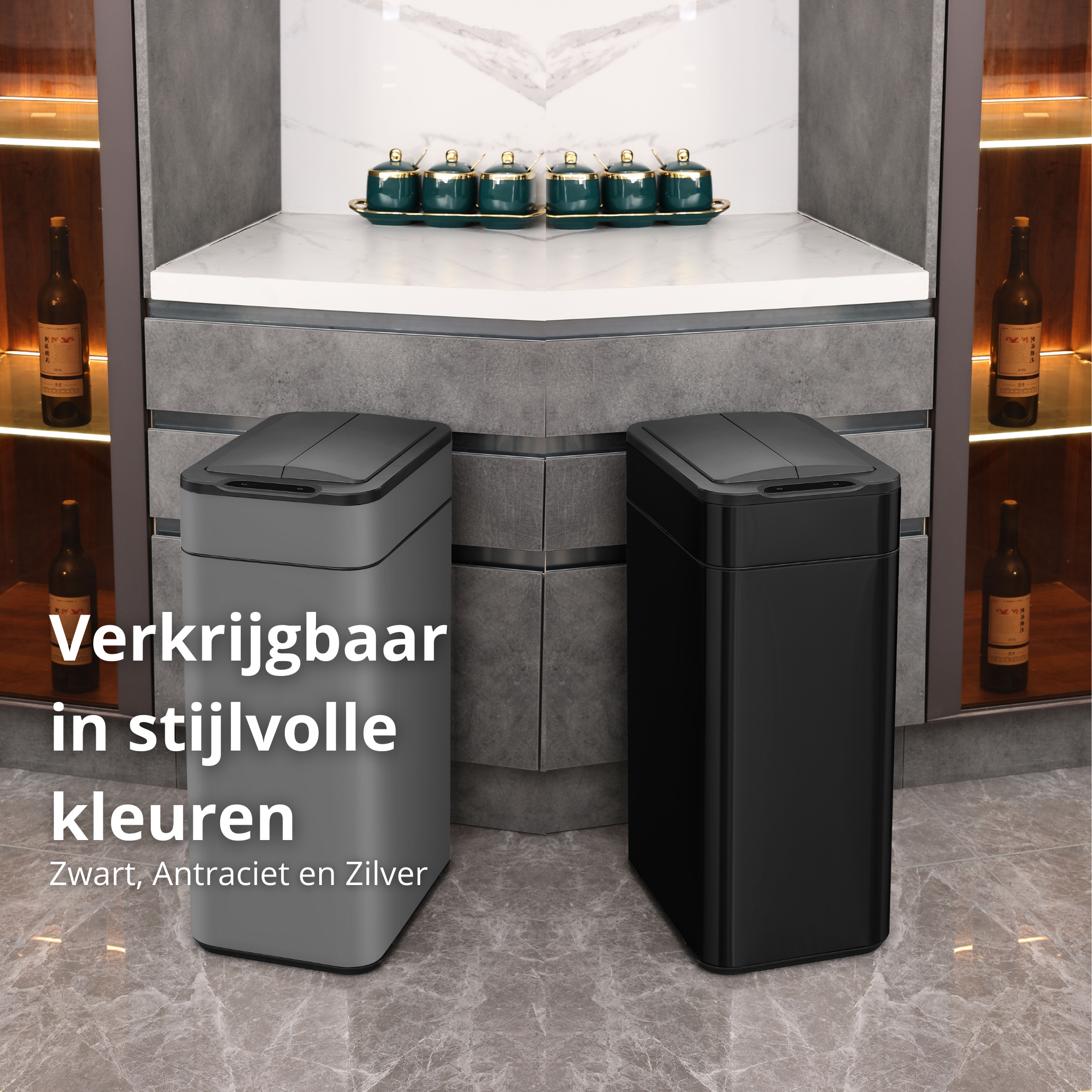 Two stylish trash cans, black and gray, inside a kitchen.