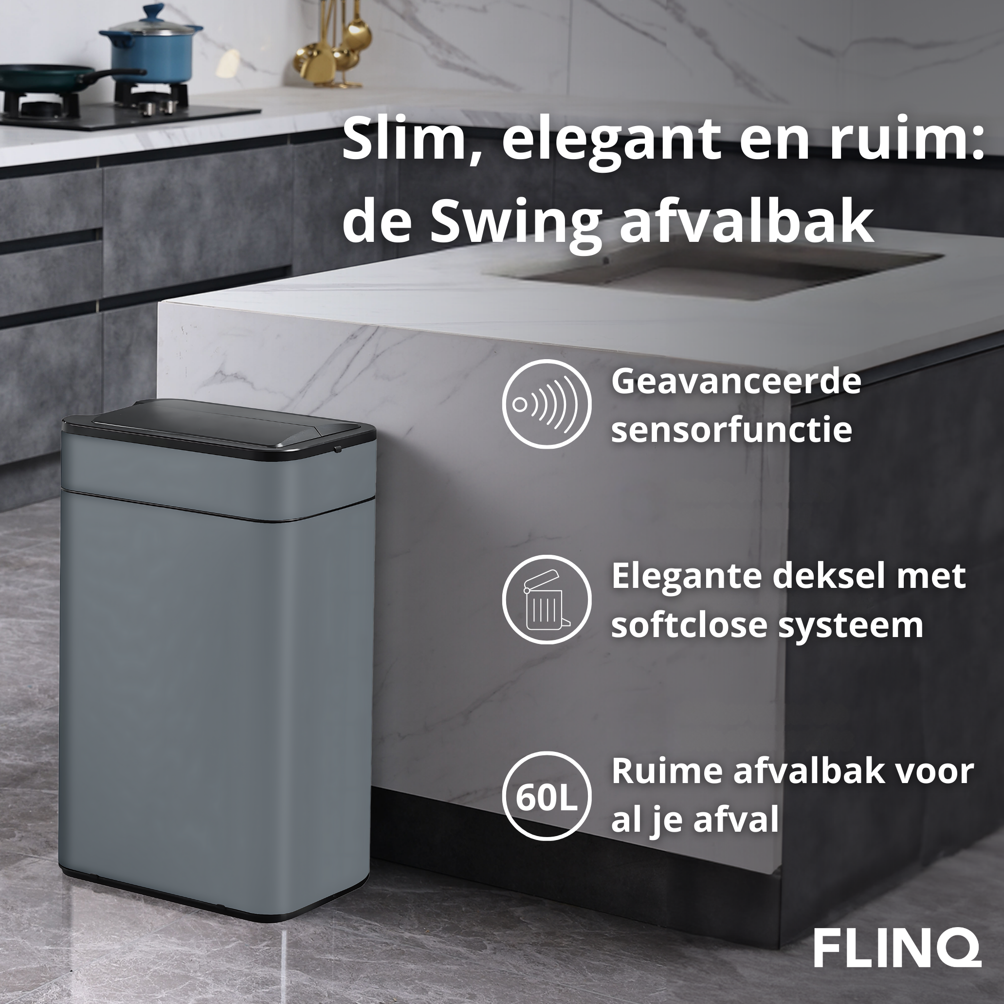 Gray trash can in a kitchen. Text labels the features. Kitchen background with white counter.