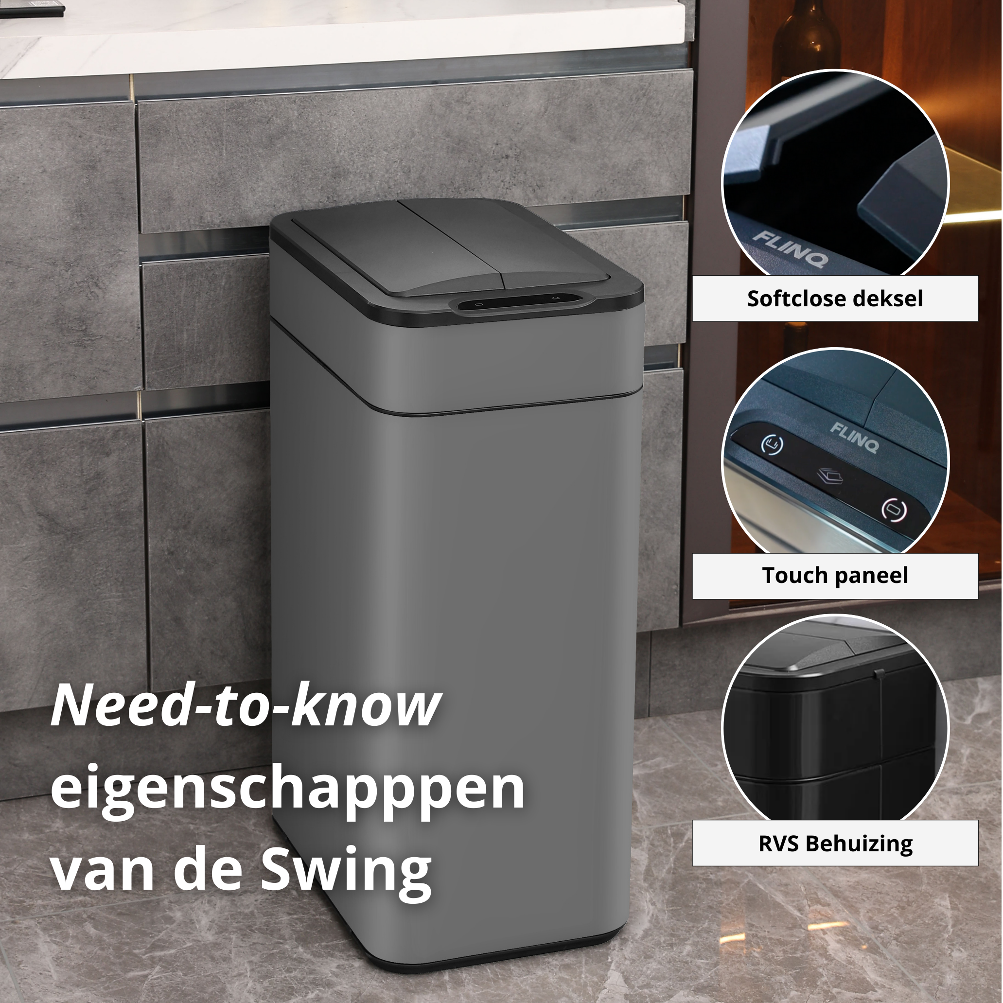 Gray trash can with a lid in a kitchen setting. There are close-up views of the lid features.