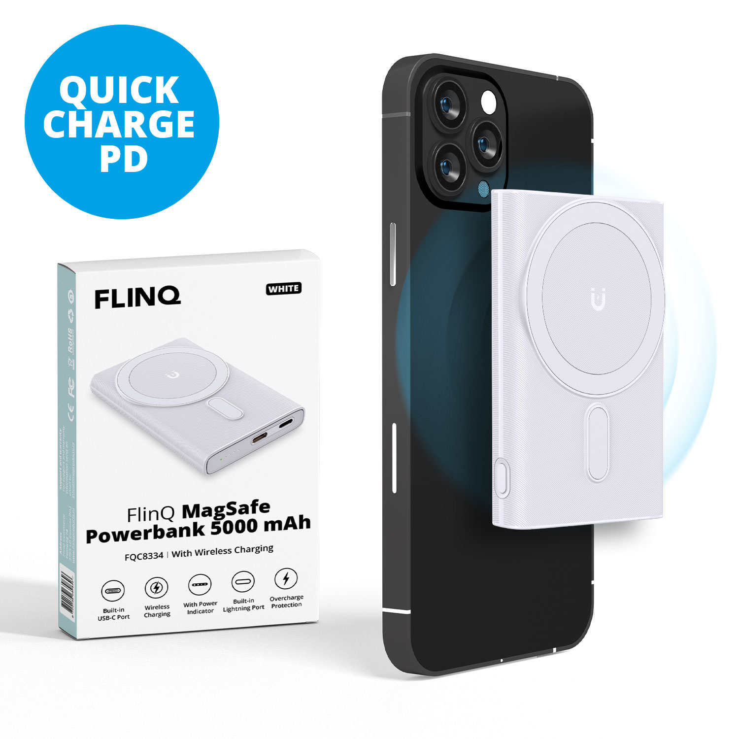 Une power bank blanche est affichée à côté d'un téléphone avec étui et d'une boîte de produit. Fond blanc.