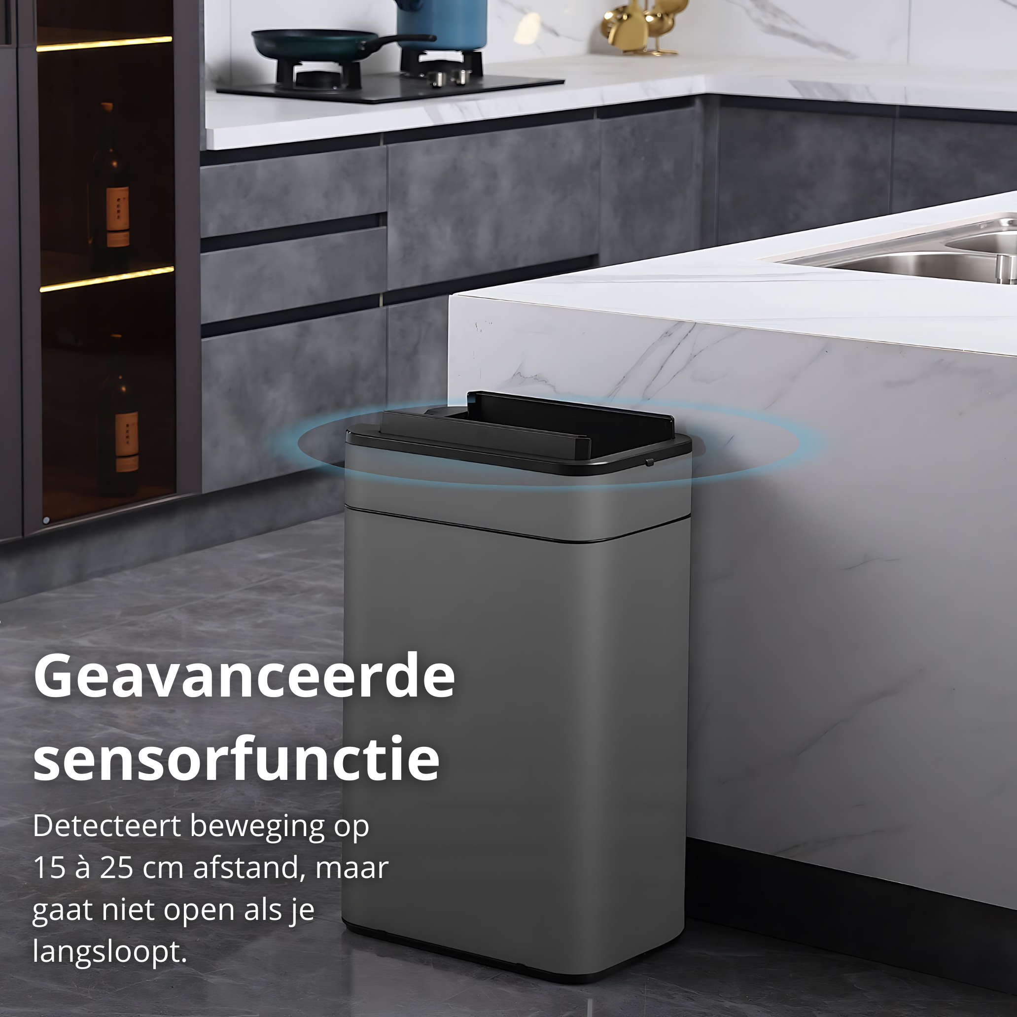 Gray trash can in a kitchen. Features sensor function.
