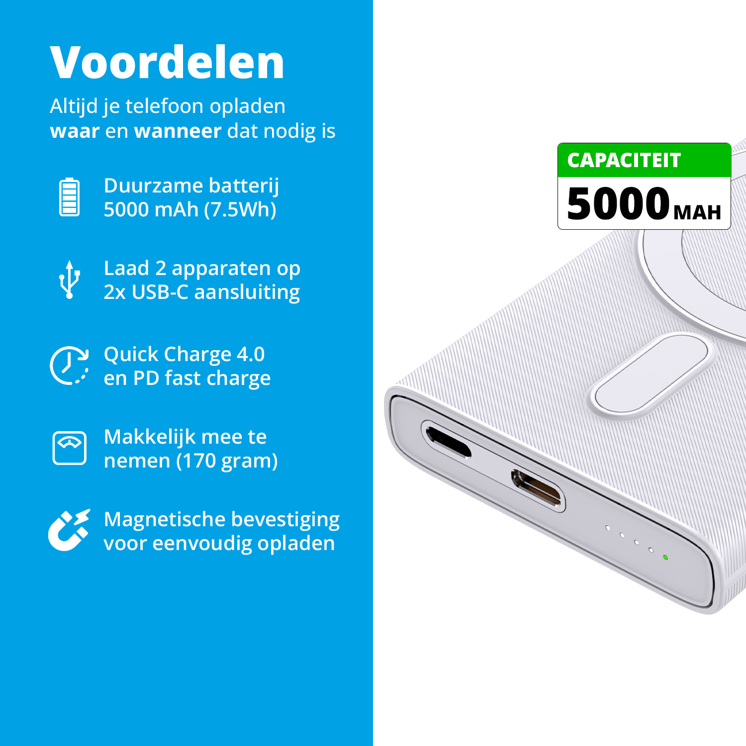 Une power bank avec du texte sur les fonctionnalités. Affichée devant un fond blanc. Le texte est en néerlandais.