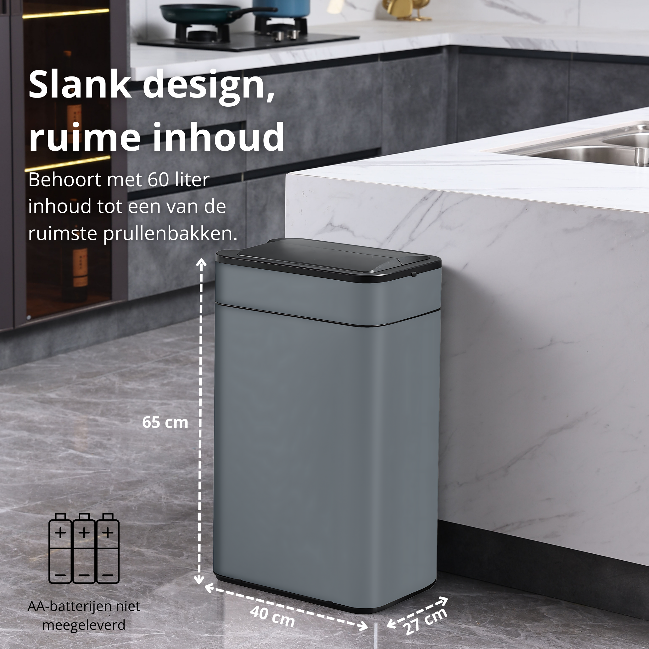 Gray trash can in a kitchen. Text labels dimensions. Background is a modern kitchen setting.
