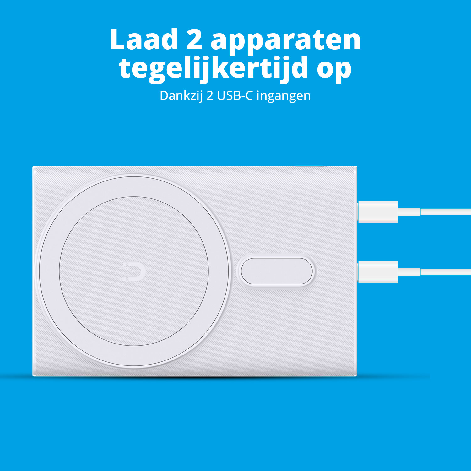 Chargeur sans fil blanc avec deux ports USB, fond bleu.