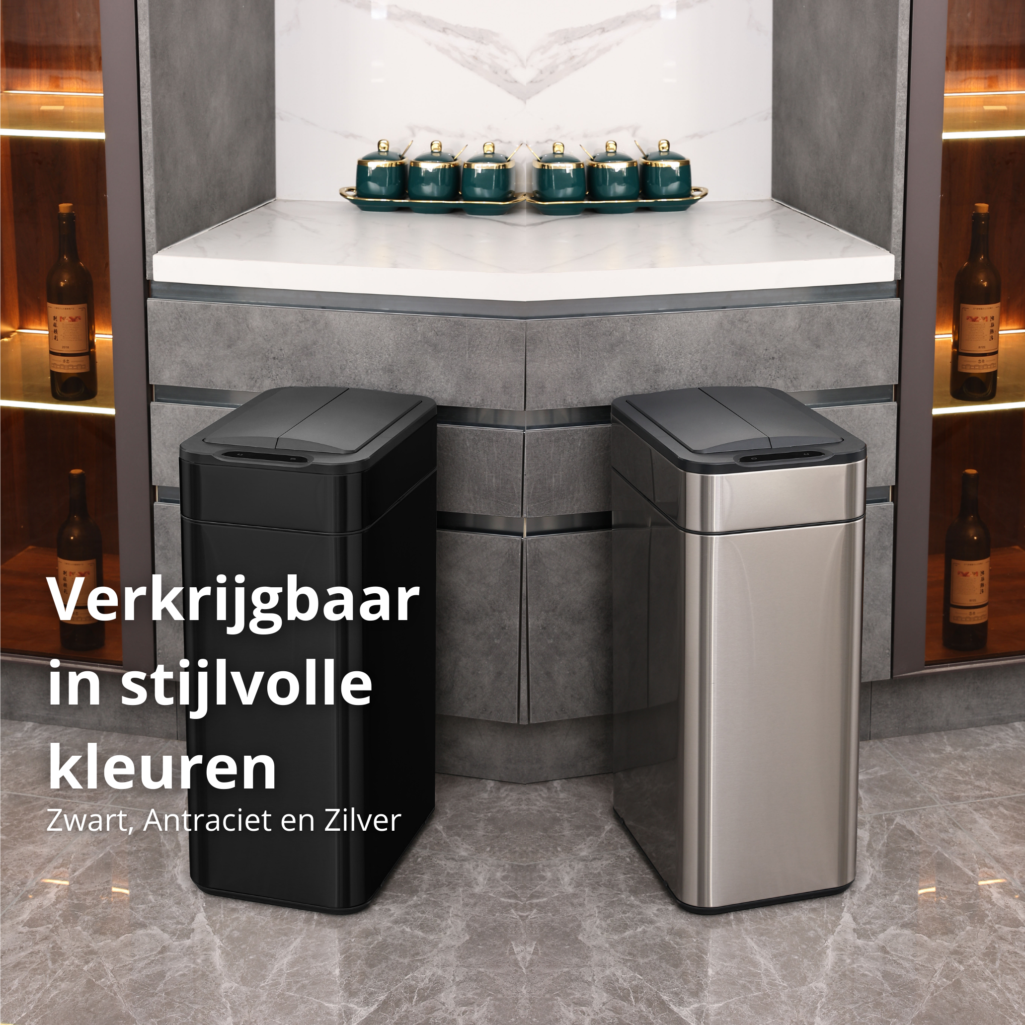 Black and silver trash cans in a kitchen setting. Text: Verkrijgbaar in stijlvolle kleuren.