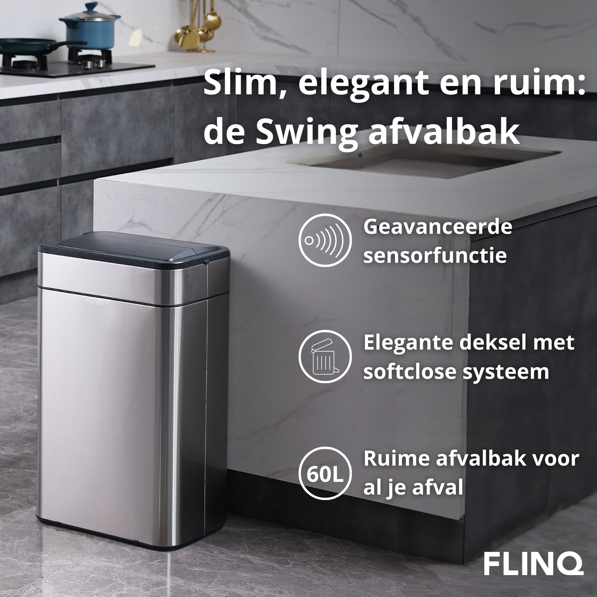Stainless steel trash can in a kitchen setting. Text: Slim, elegant en ruim: de Swing afvalbak.