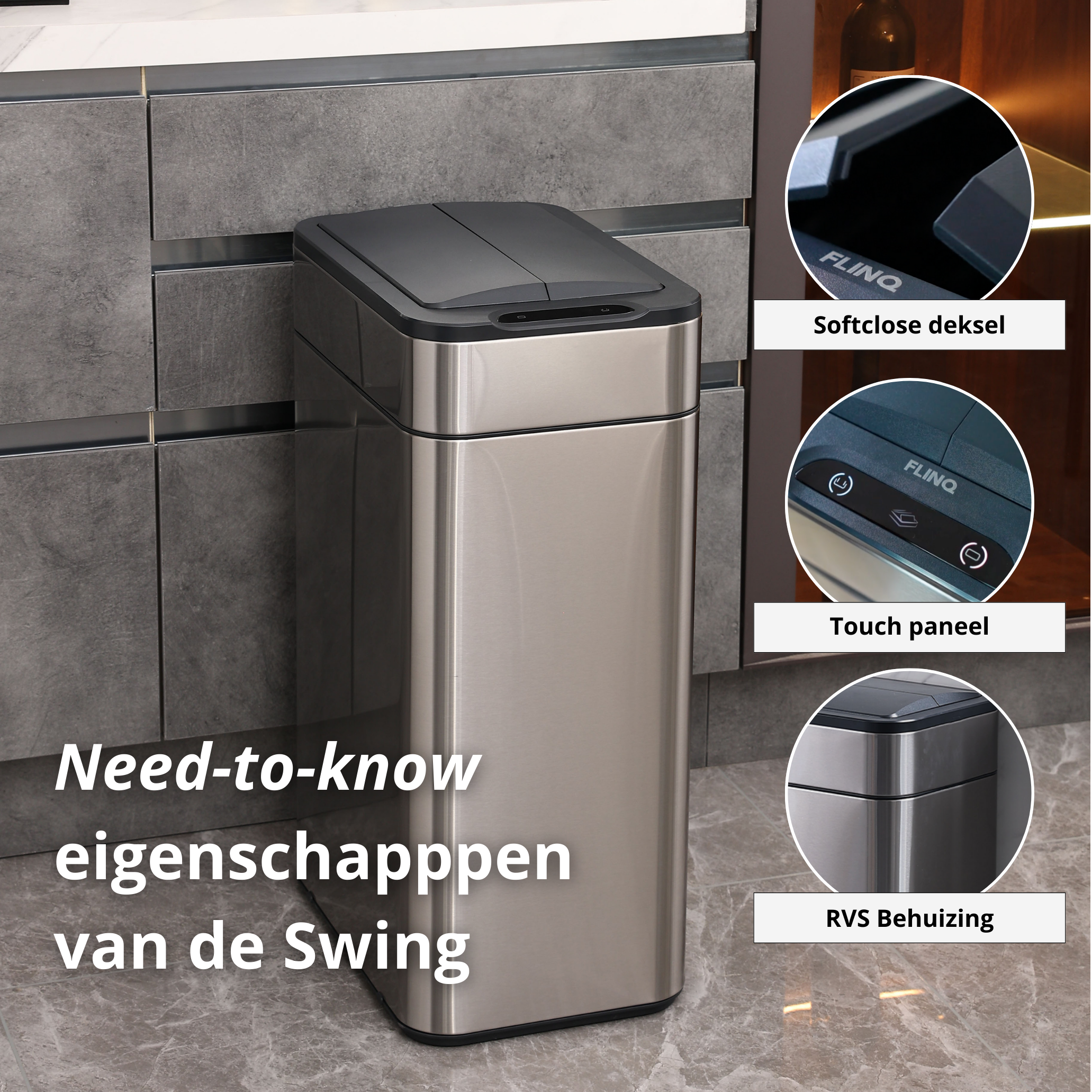Stainless steel trash can with black lid and touch panel. Features include soft-close lid and RVS housing.