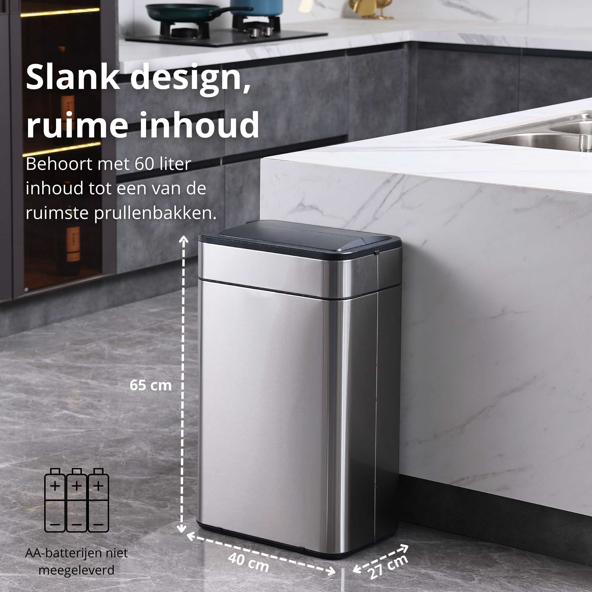 A stainless steel trash can. Dimensions: 65cm height, 40cm width, 27cm depth. AA batteries not included.