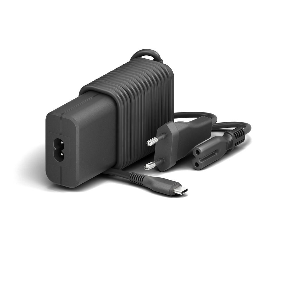 Adattatore di alimentazione per laptop nero con spine e cavo USB-C.