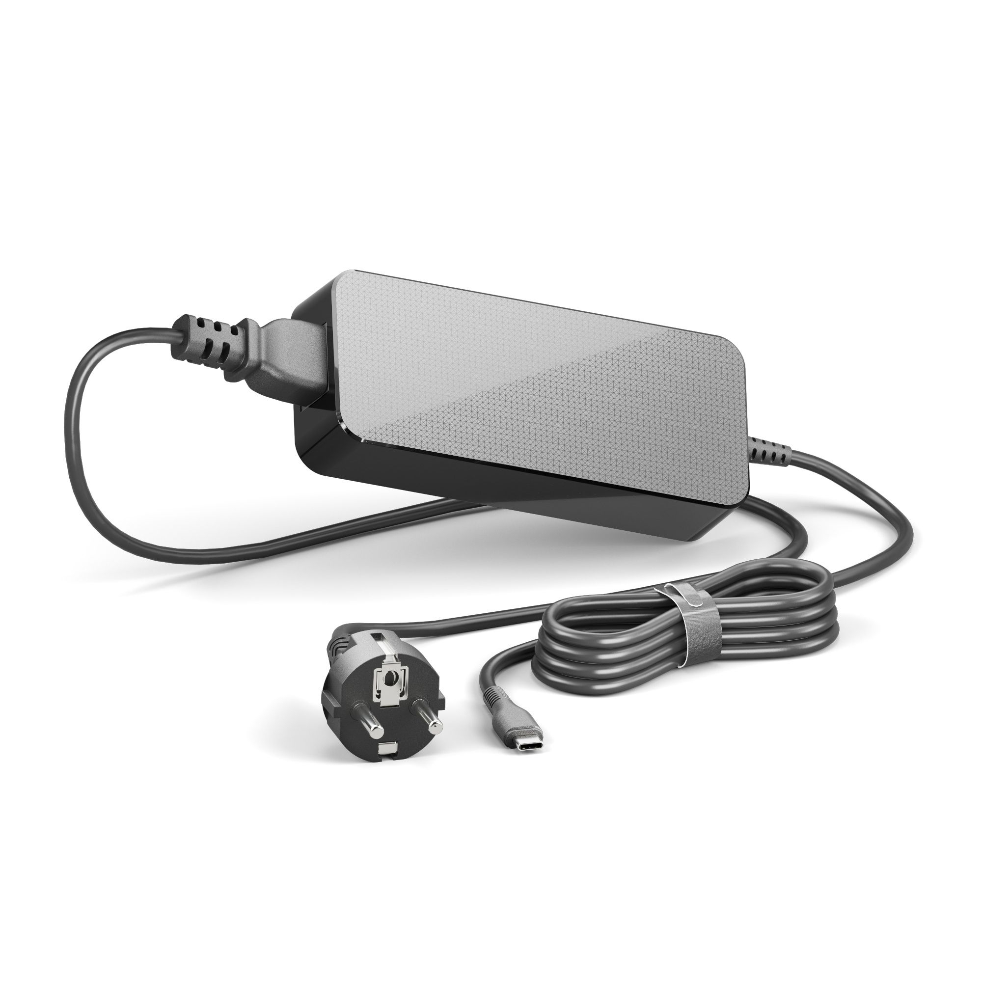 Un alimentatore per laptop nero con spina nera e cavo USB-C su sfondo bianco.