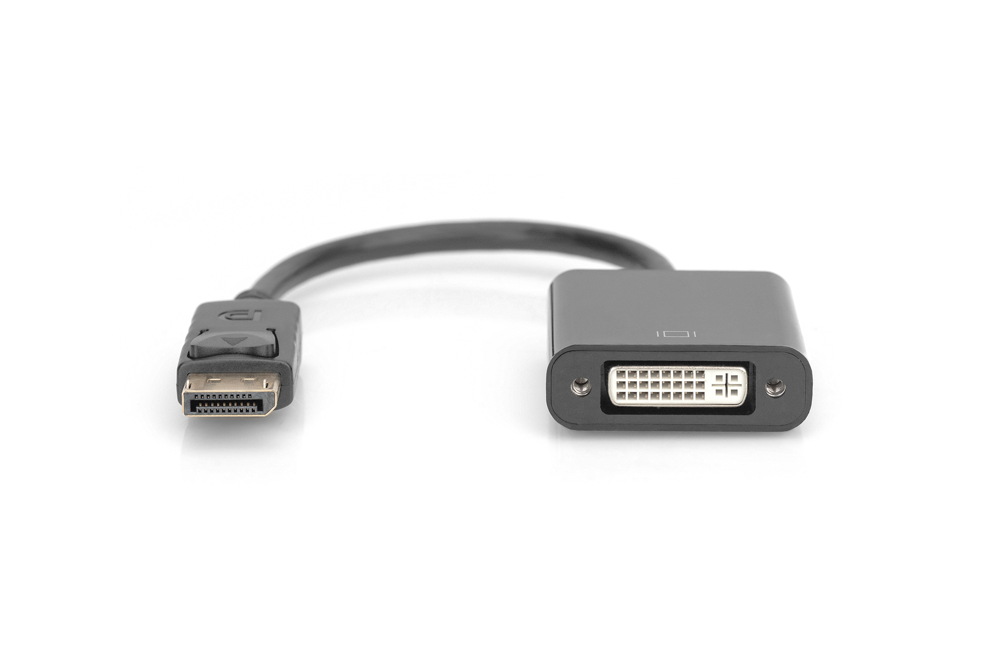 Cavo adattatore da DisplayPort a DVI nero su sfondo bianco.