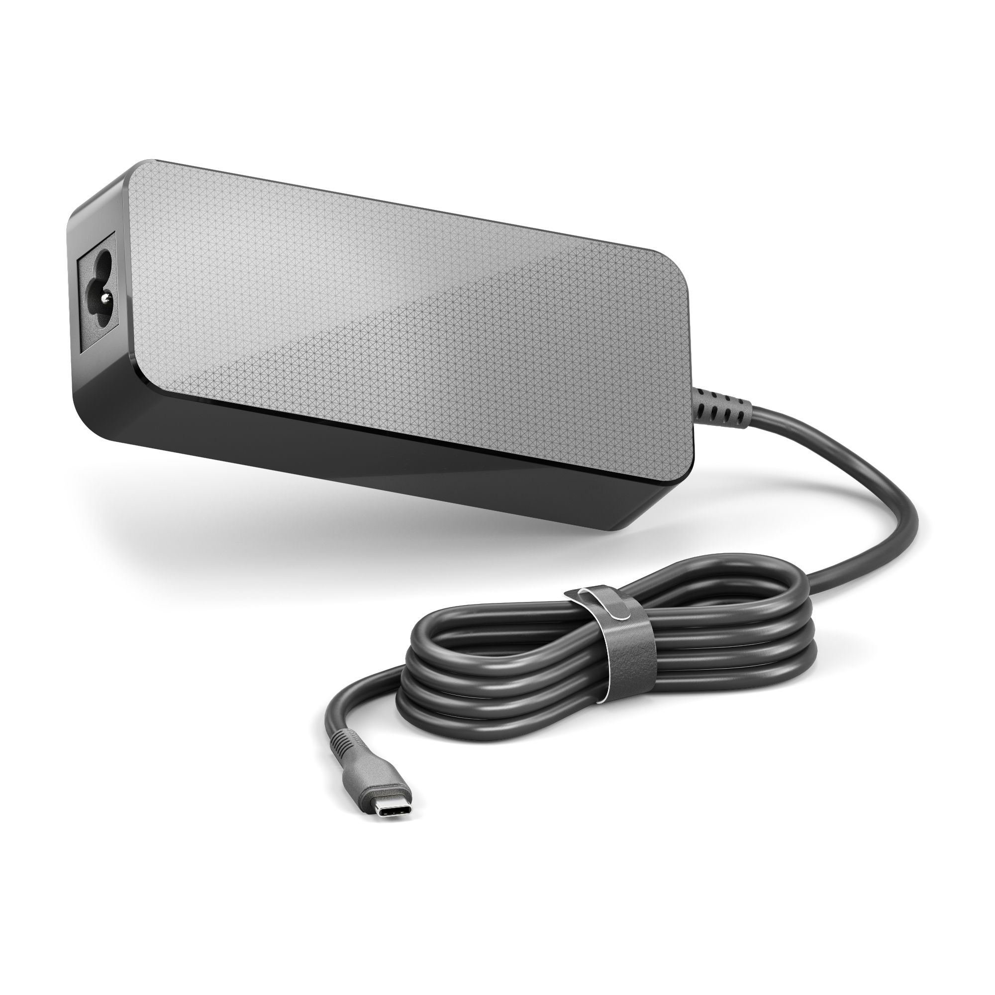 Caricabatterie per laptop nero con cavo di alimentazione e connettore USB-C.