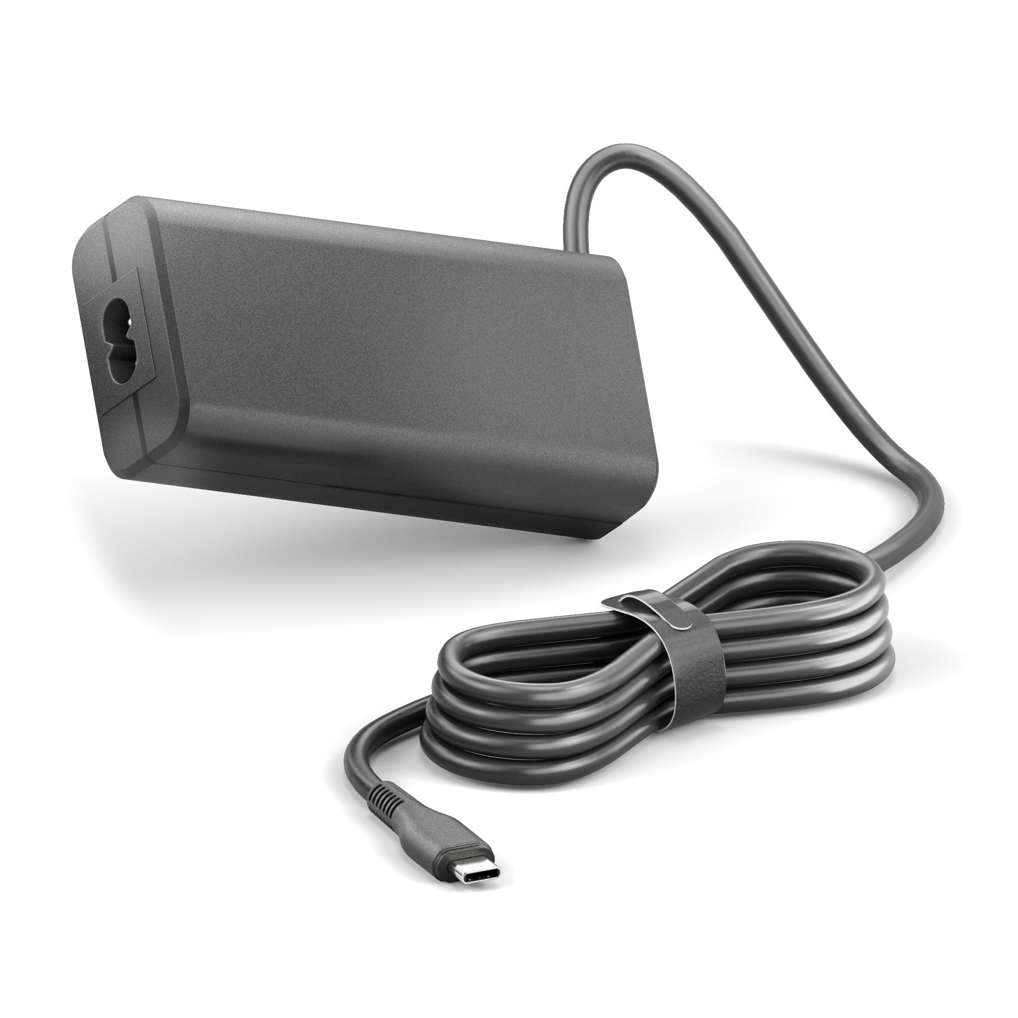 Caricabatterie per laptop grigio scuro con connettore USB-C e cavo nero.