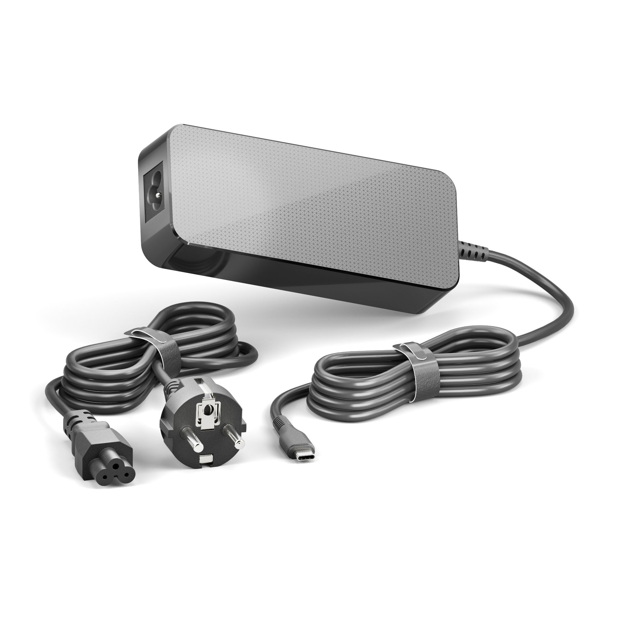 Caricabatterie per laptop con due spine, un connettore USB-C e cavo nero.