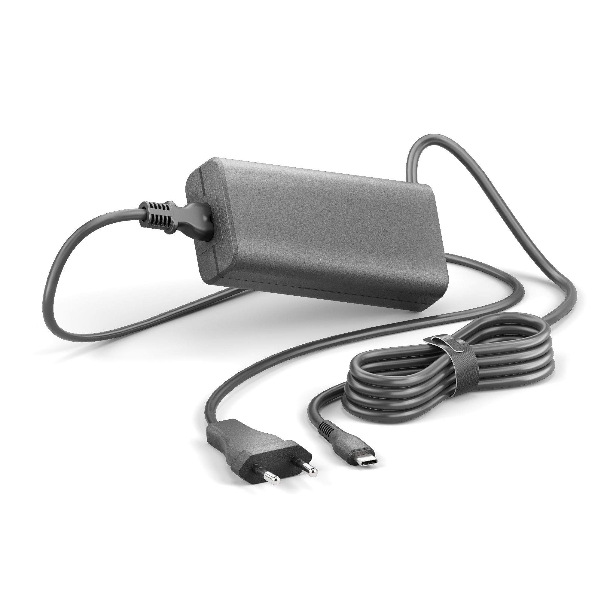 Un caricabatterie per laptop grigio con cavo collegato e connettore USB-C.